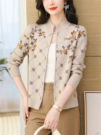 Elegante cárdigan de lana con cremallera y bordado para mujer