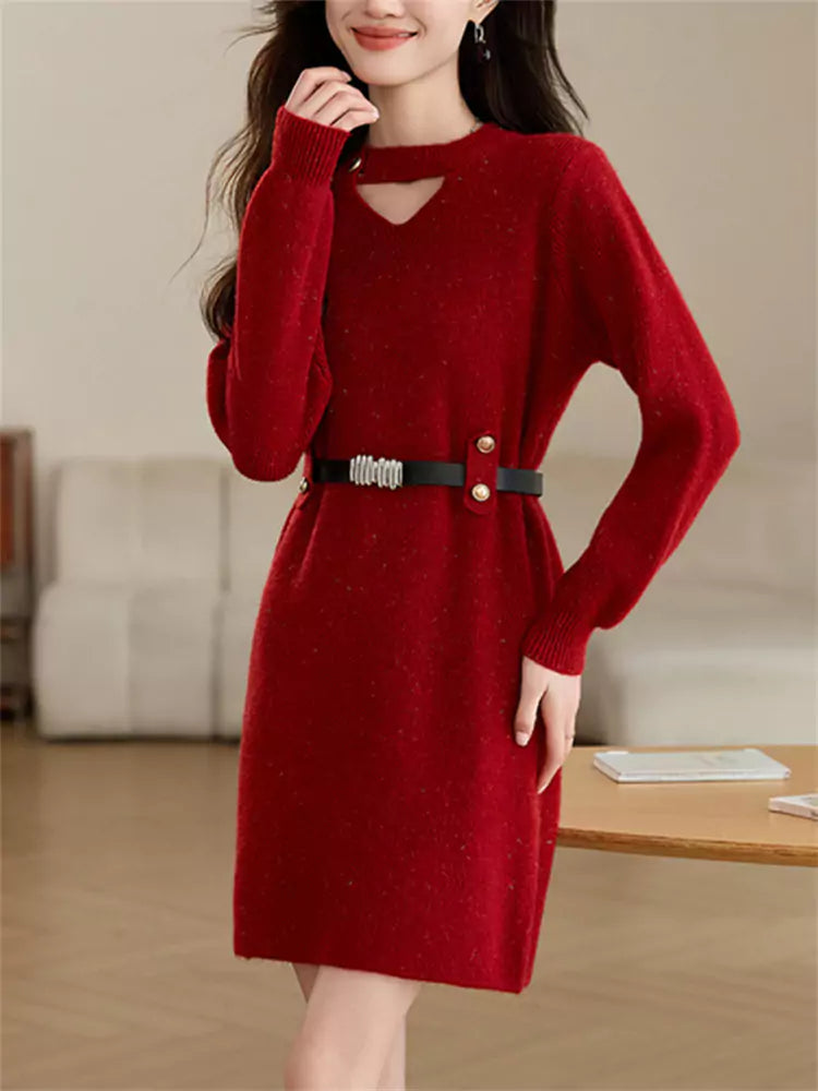 Women’s Red Hollow Knit Sweater Dress – Mid-Length Pullover for Autumn Winter