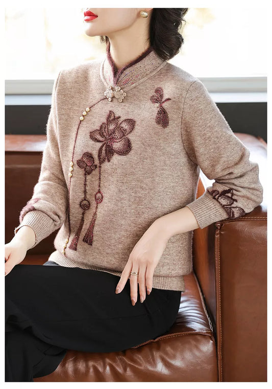 Camel Stand Collar Printed Knit Sweater for Women