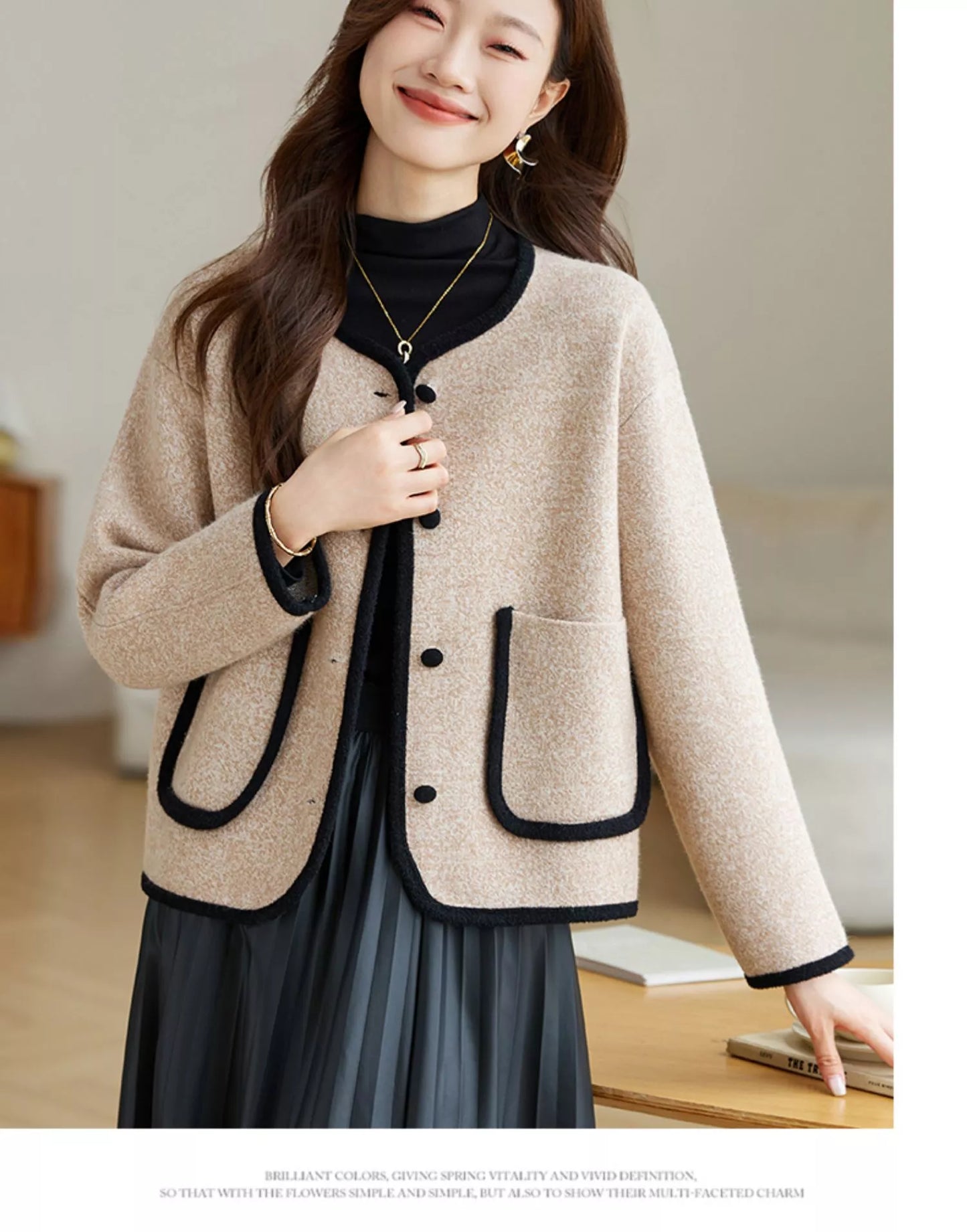 Kurze Wolljacke mit Farbblockmuster für Damen