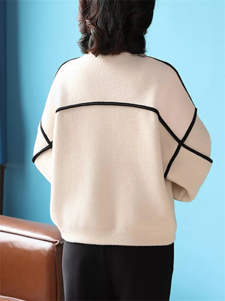 Abrigo de lana con cremallera y bloques de color beige para mujer