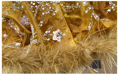New Chinese Style Gold Velvet Sequin Embroidered Vest with Faux Feather Trim