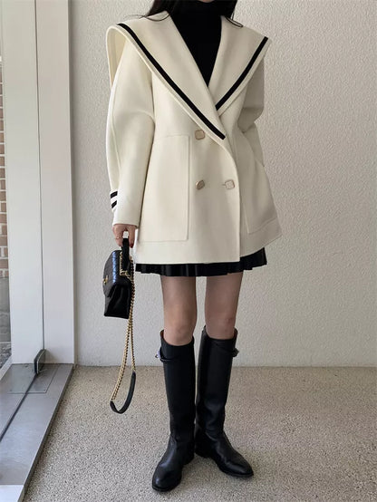 Women's French Vintage White Sailor Collar Coat Double Breasted Faux Cashmere Wool Jacket Preppy Loose Outerwear