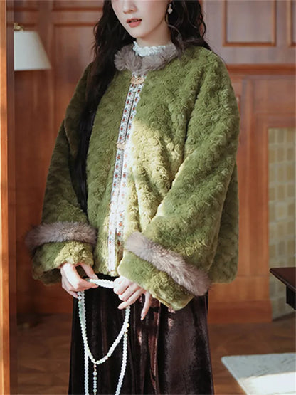 Women's Vintage Green Faux Fur Jacket Chinese Style Plush Coat with Butterfly Clasps