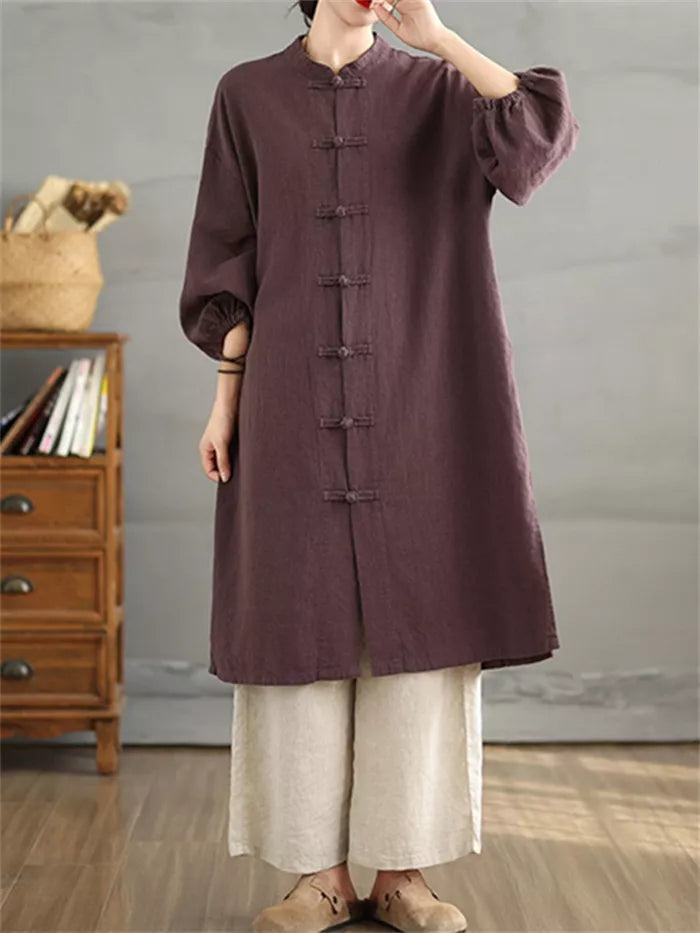 Women's Vintage Cotton Linen Long Coat Chinese Style Frog Button Zen Cardigan Trench Jacket