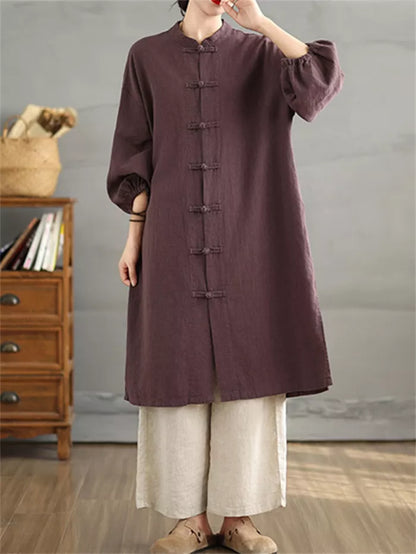 Women's Vintage Cotton Linen Long Coat Chinese Style Frog Button Zen Cardigan Trench Jacket