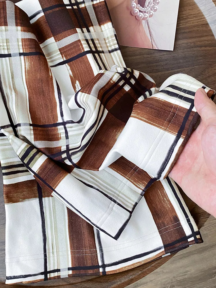 Women's French Vintage Brown Plaid Wide Leg Pants High Waist Thick Straight Trousers