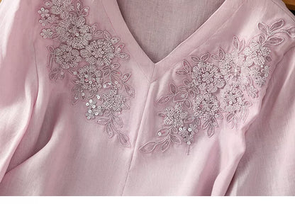 Women's Artistic Light Blue Ramie Blouse Floral Embroidered V-Neck Shirt Beaded Linen Top