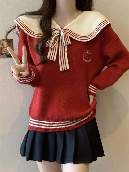 Women's Red Sailor Collar Knit Sweater Cute Preppy Style Pullover with Bow Tie & Bear Embroidery