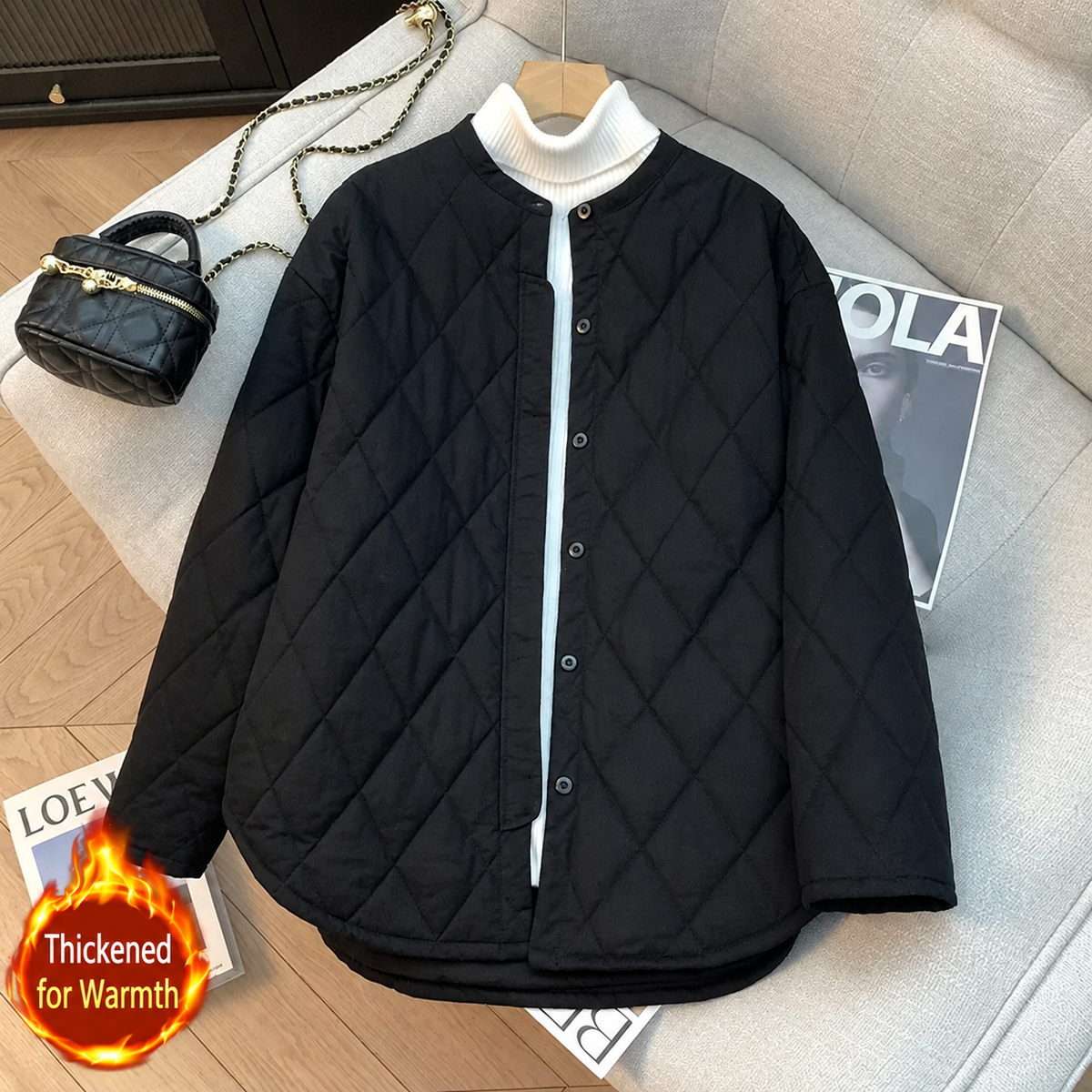 Quilted Padded Jacket Stand Collar Button Front