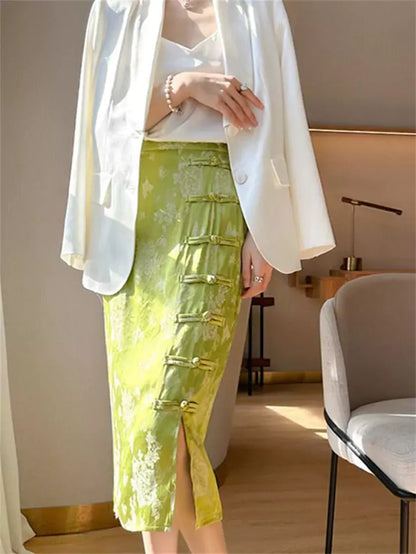 High-Waist Green Satin Jacquard Pencil Skirt with Frog Buttons and Slit