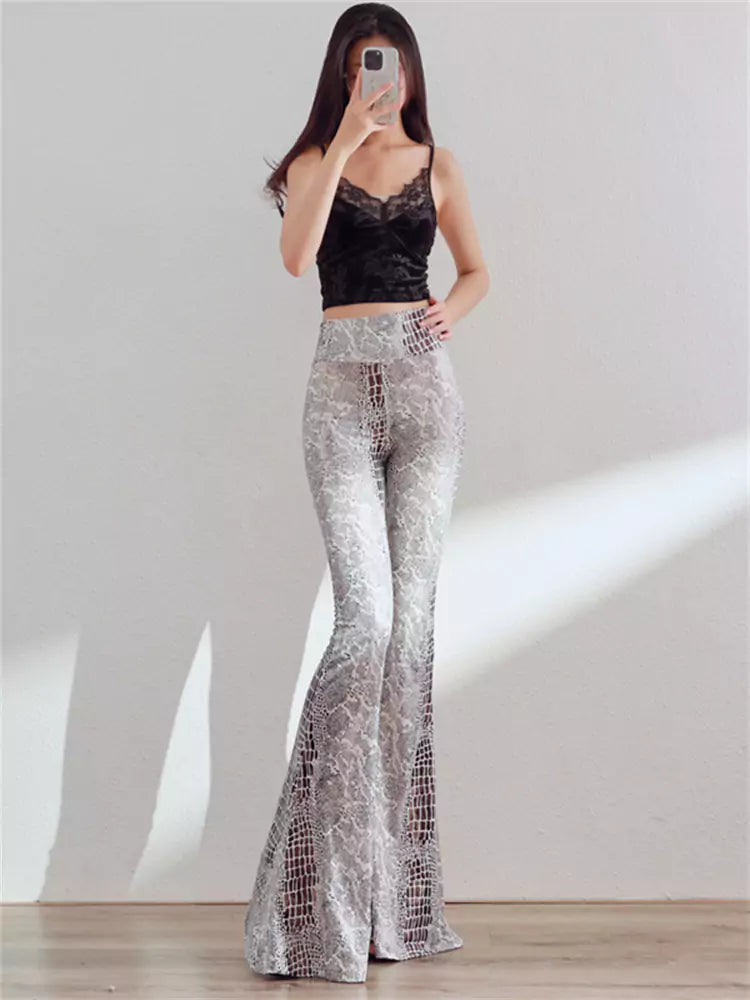 High-Waist Snake Print High Elasticity Flared Pants with Gold Foil Extended Length