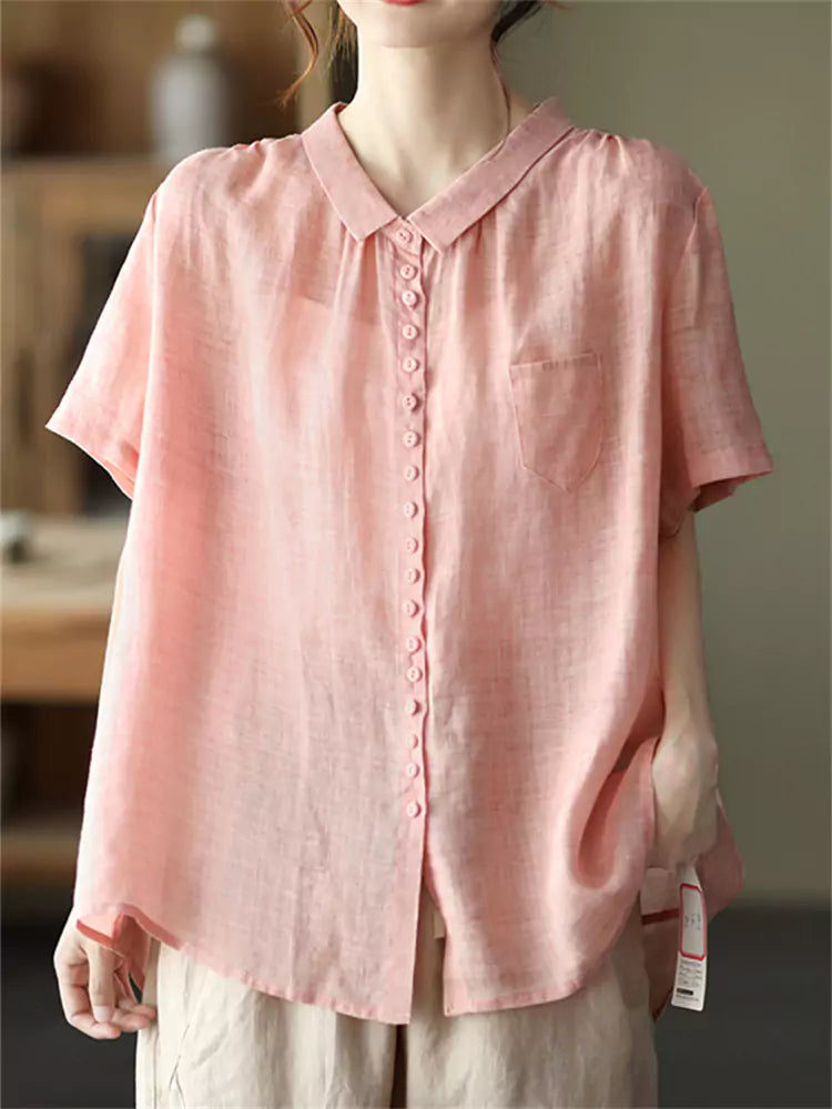 Minimalist Elegant Ramie Vintage Loose-Fit Peter Pan Collar Blouse for Women