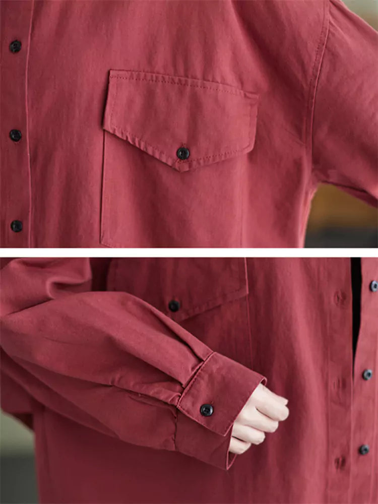 Plus Size Pockets Solid Color Long Shirt for Women