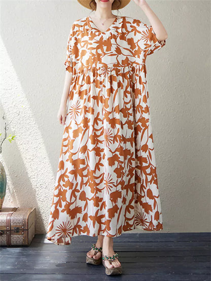 Plus Size Ethno-Kleid mit V-Ausschnitt und Blumenmuster für Damen