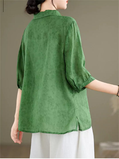 Elegantes Ramie-Hemd im chinesischen Stil für Damen, halblang, mit halben Ärmeln