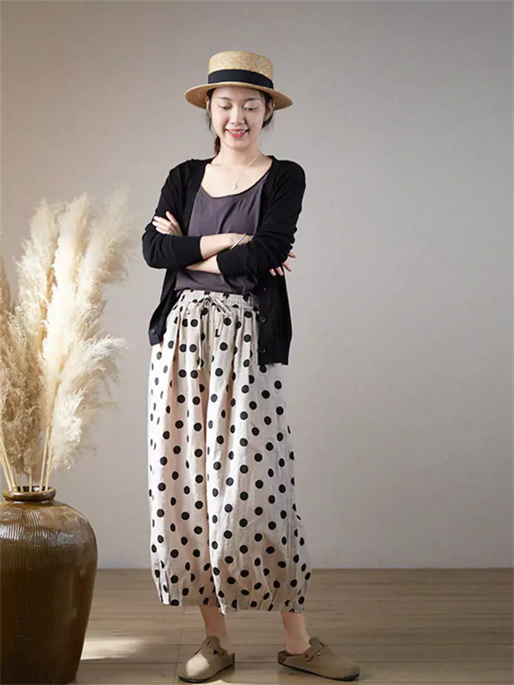 Polka Dot Cotton Linen Wide Leg Casual Pants for Women Plus Size