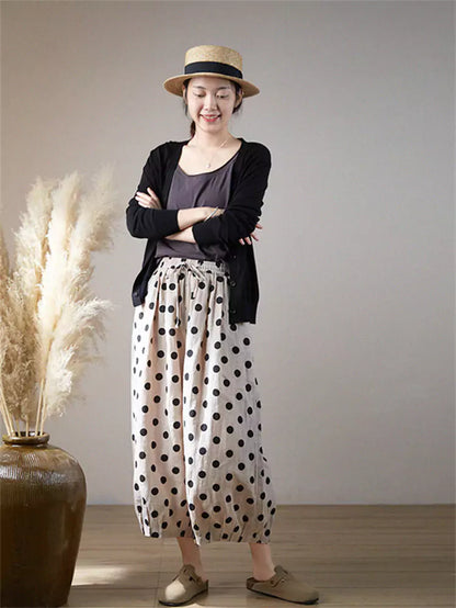 Pantalones casuales de lino y algodón con lunares y pierna ancha para mujer, talla grande