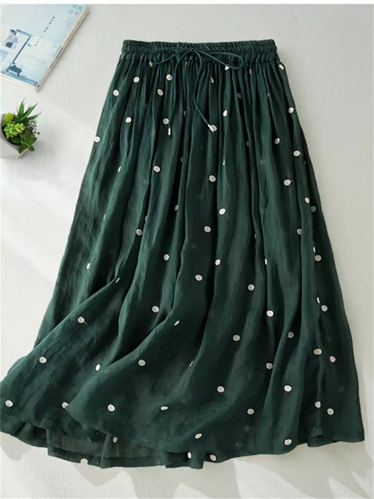 High-Waisted Double-Layer Ramie & Linen A-Line Polka Dot Maxi Skirt for Women