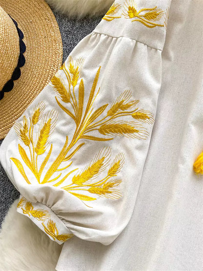 Vintage-Bluse im Bohème-Stil mit Stickerei, Bindekragen und Laternenärmeln für Damen