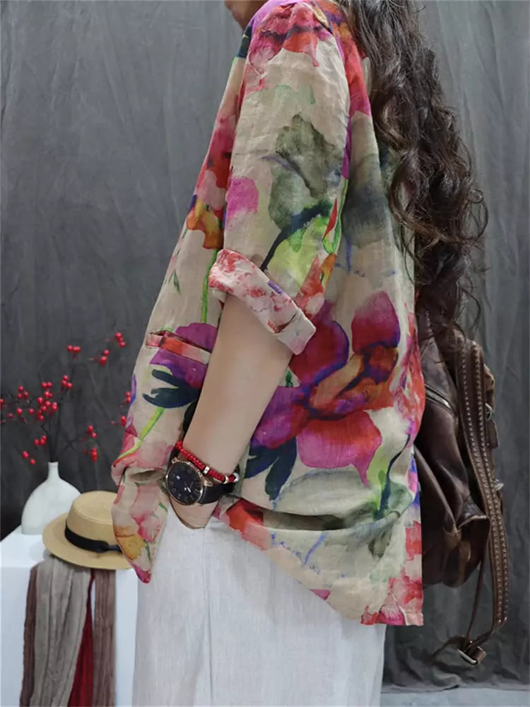Vintage Printed Cotton Linen Blazer Jacket for Women