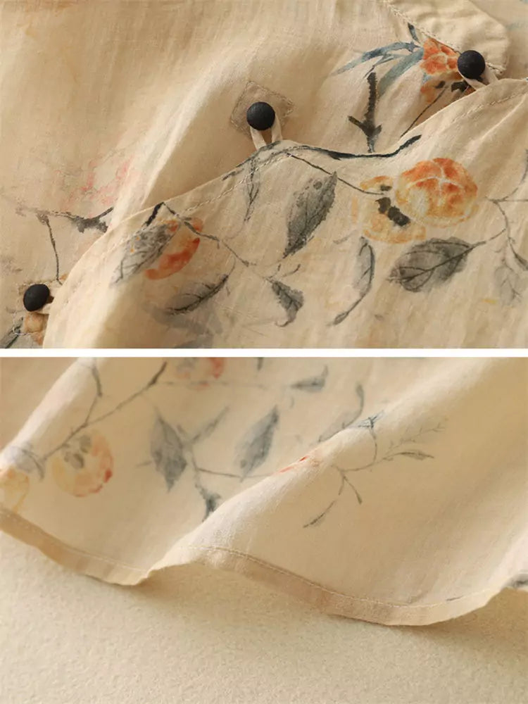 New Chinese Style Asymmetrical Placket Cotton Linen Blouse