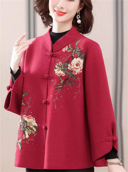Kaschmirmantel im chinesischen Stil mit Blumenstickerei in Übergröße für Damen