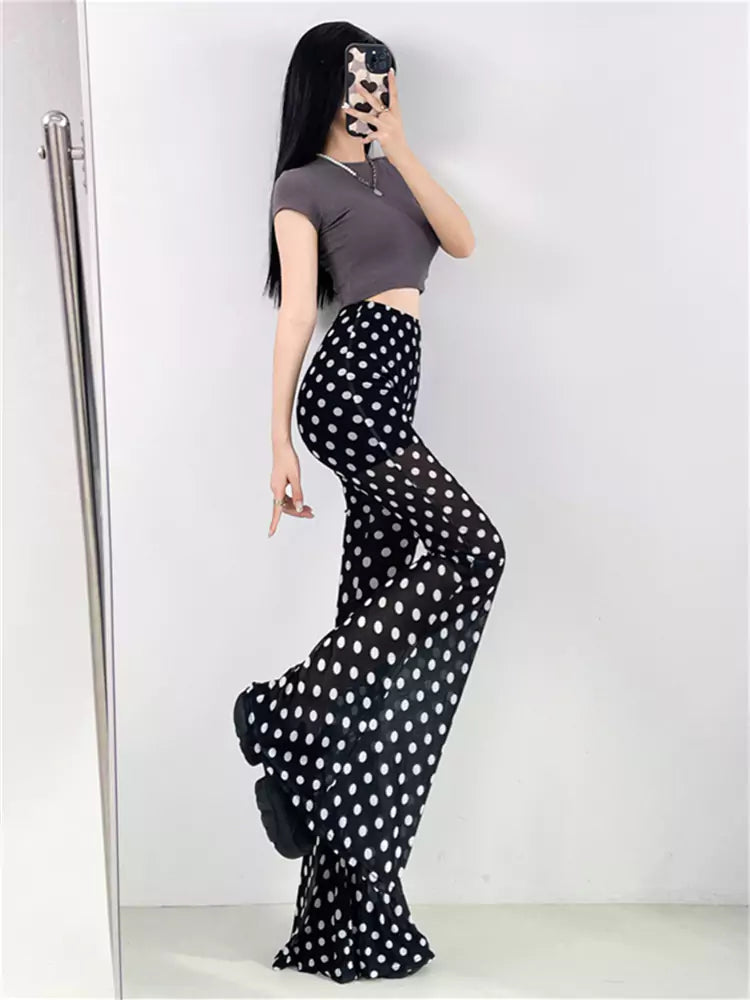 Pantalones acampanados de cintura alta con lunares y malla transparente de verano para mujer