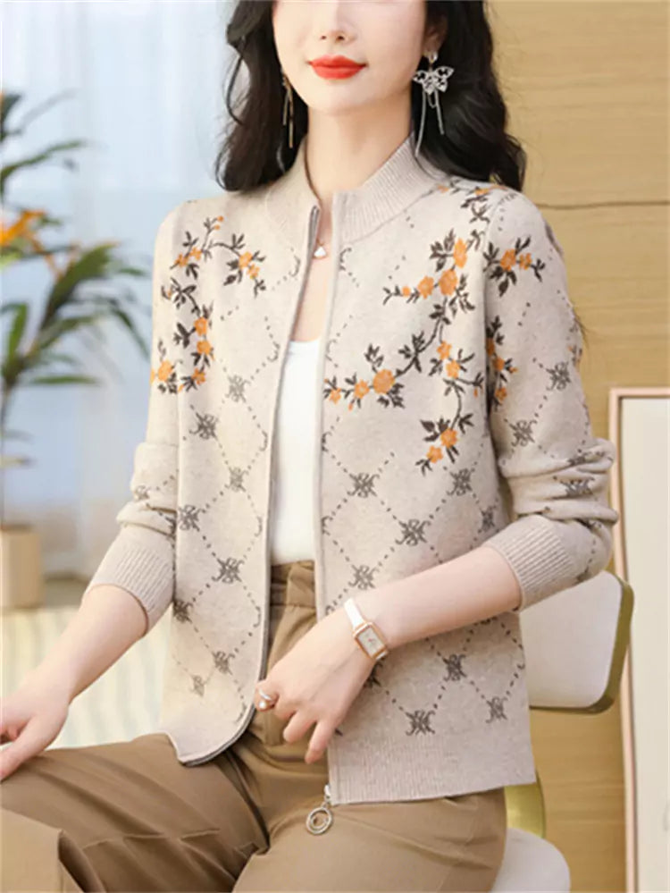 Elegante cárdigan de lana con cremallera y bordado para mujer