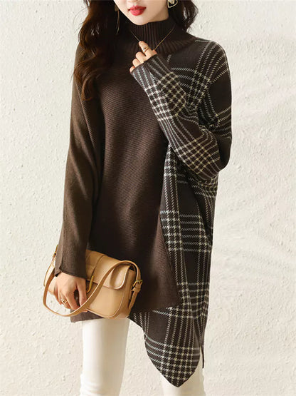 Damen-Rollkragenpulloverkleid mit asymmetrischem Karomuster – mittellang, dick gefüttert, lässiger Herbst-Winter-Stil
