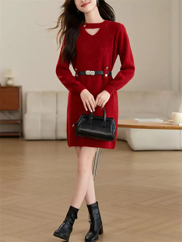 Women’s Red Hollow Knit Sweater Dress – Mid-Length Pullover for Autumn Winter
