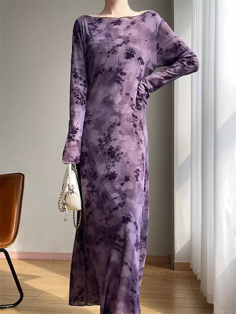 Vestido largo vintage de malla flocada para mujer