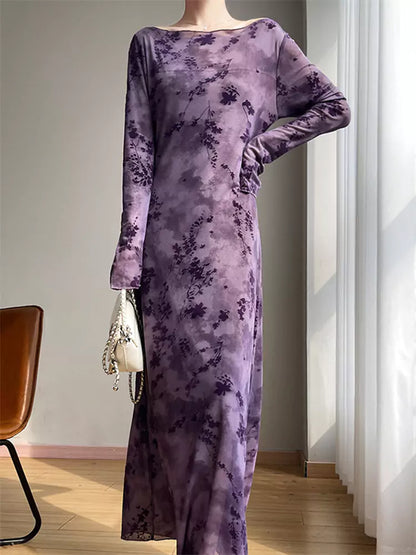 Vintage langes Damenkleid aus Mesh-Flock