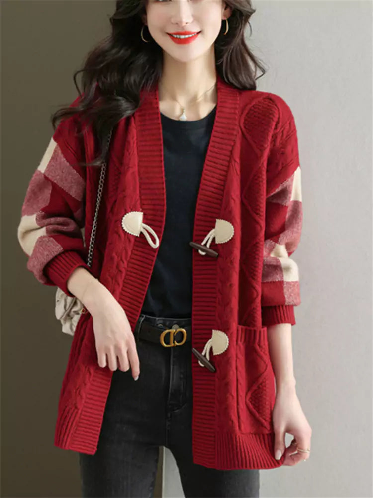 Damen-Strickjacke in mittlerer Länge mit Zopfmuster – Locker geschnittener Herbstpullover