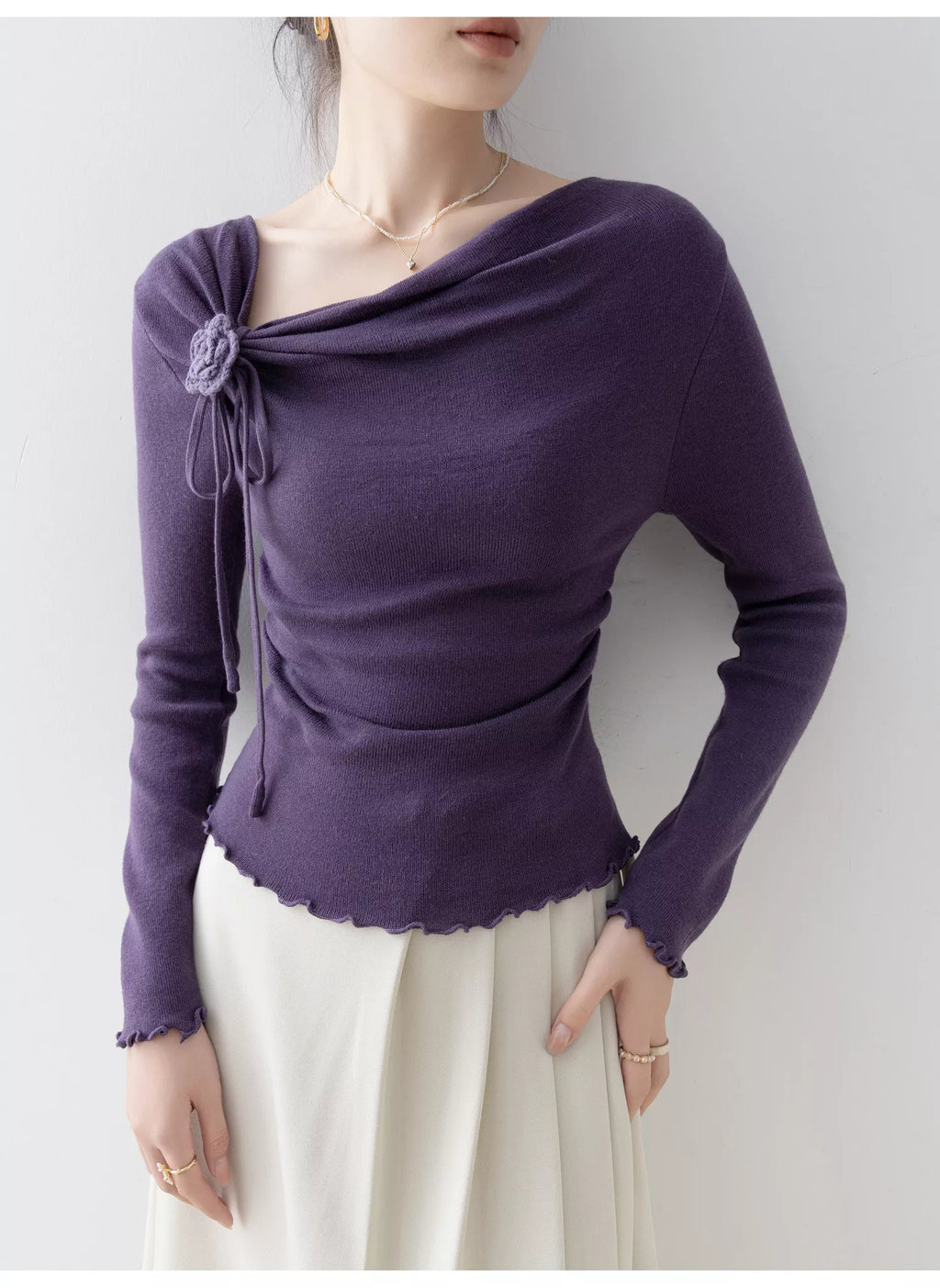 Purple Floral Ruffled Asymmetric Neck Knit Top for Women