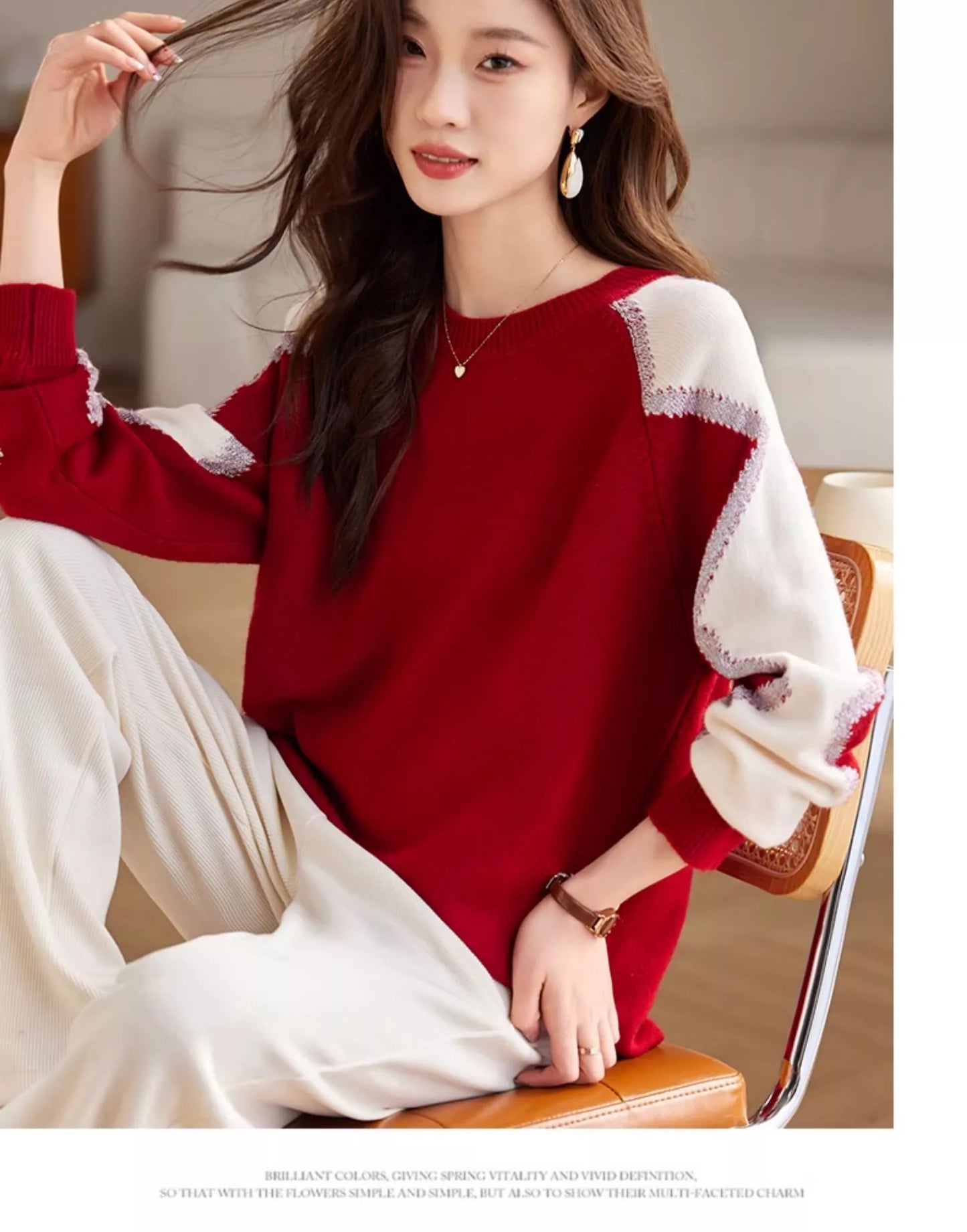 Suéter de punto suelto con bloques de color rojo para mujer