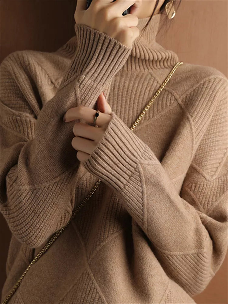 Women’s High-Neck Diamond Knit Pullover Sweater
