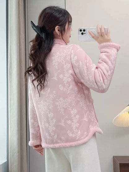 Grüne, wattierte Steppjacke im chinesischen Stil mit Stehkragen und Blumenmuster für Damen