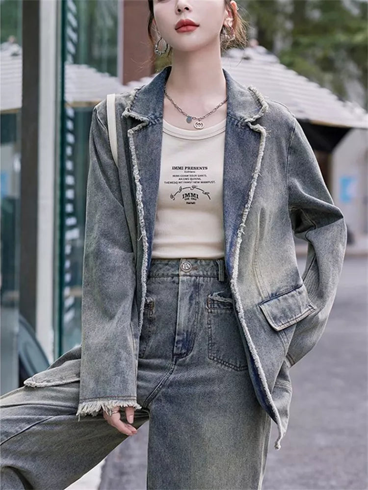 Vintage Denim Blazer and Wide-Leg Pants Set for Women