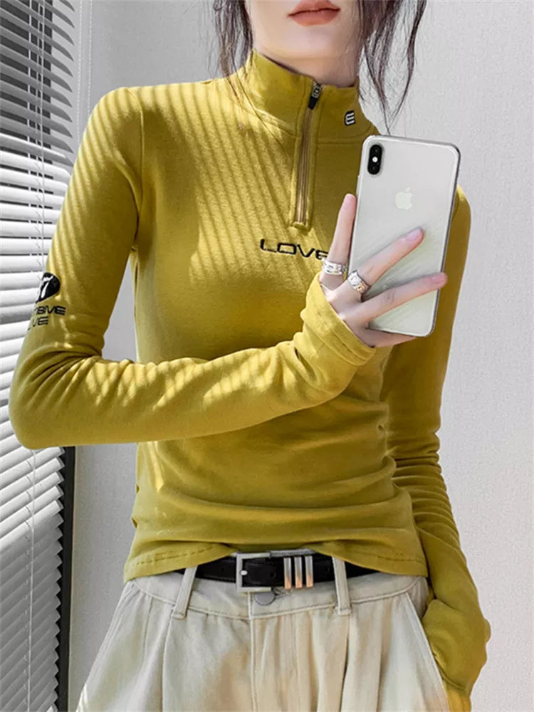 Half-Turtleneck Zip Long Sleeve Slim Fit Top for Women