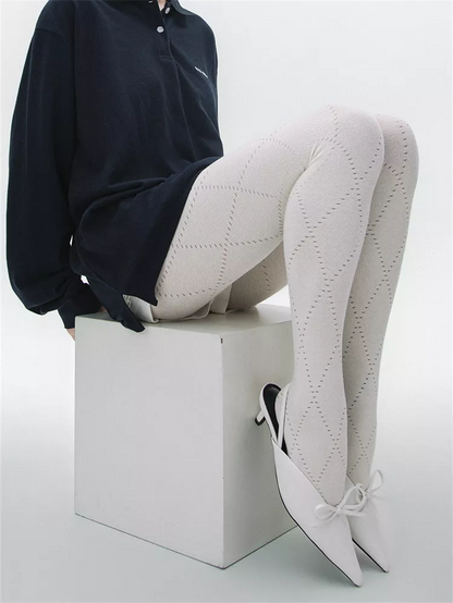 Herbst/Winter Rote Diamant-Hohlkammer-Baumwollmischung Warme Slim Strumpfhose für Damen