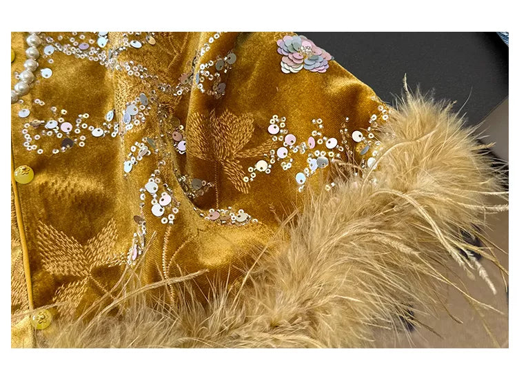 New Chinese Style Gold Velvet Sequin Embroidered Vest with Faux Feather Trim