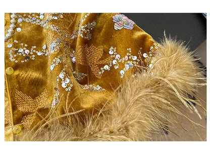 New Chinese Style Gold Velvet Sequin Embroidered Vest with Faux Feather Trim