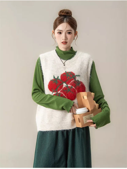Women's Cute Tomato Jacquard Soft Knitted Sweater Vest Korean Preppy Style
