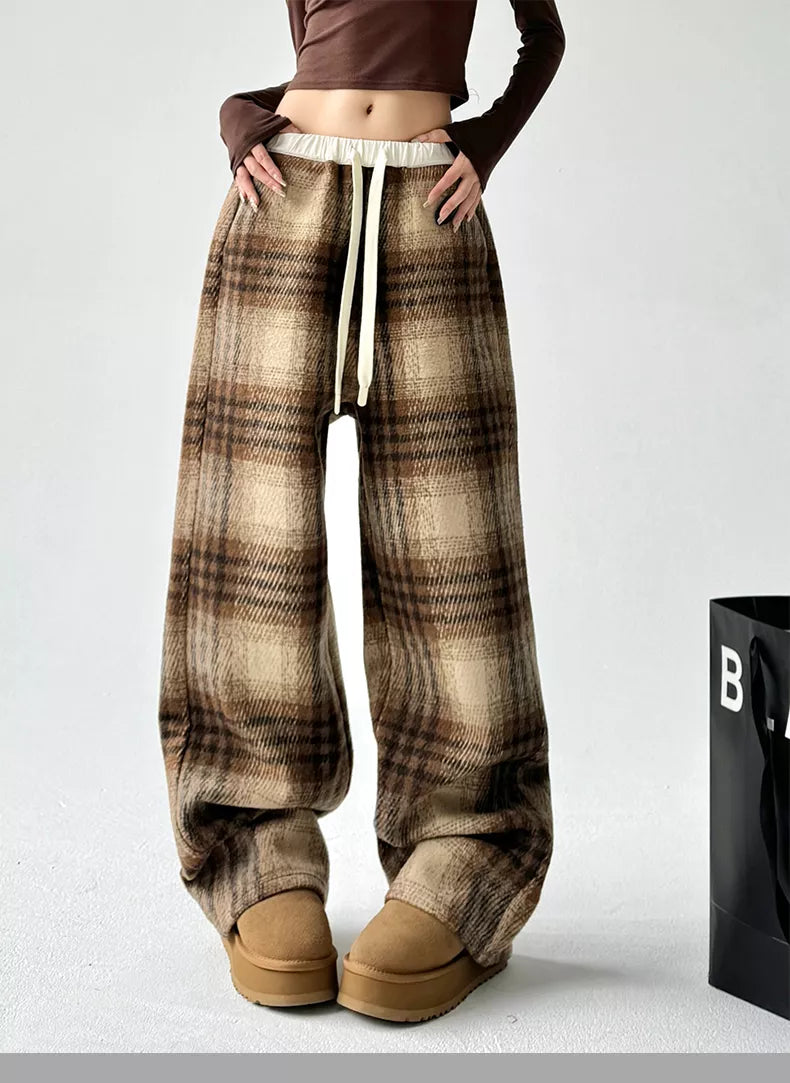 Women's Coffee High-Waisted Plaid Drawstring Woolen Wide Leg Pants