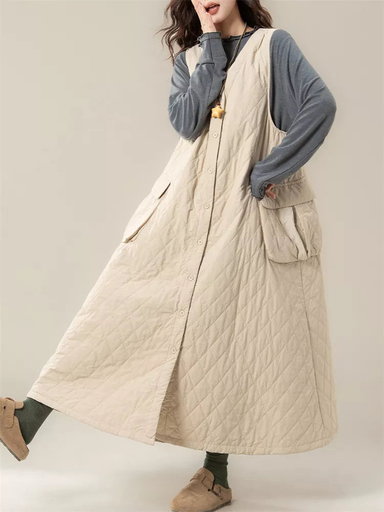 Women's Vintage Beige Diamond Quilted Vest Dress V-Neck Sleeveless Padded Pinafore