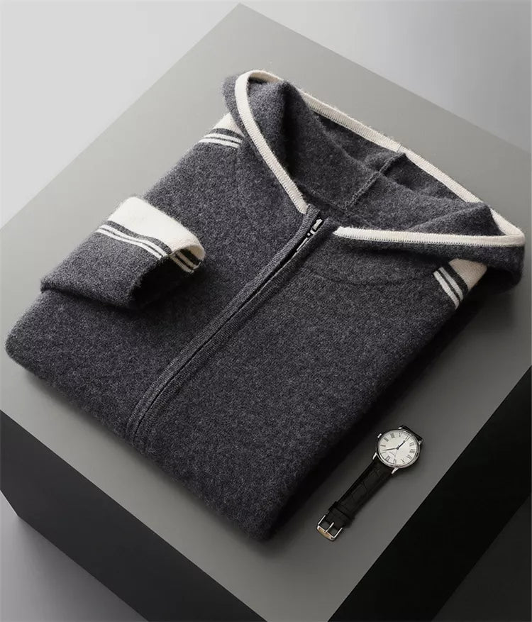 Men's Premium Pure Wool Knitted Tracksuit Set 2-Piece Striped Zip-Up Hoodie & Joggers