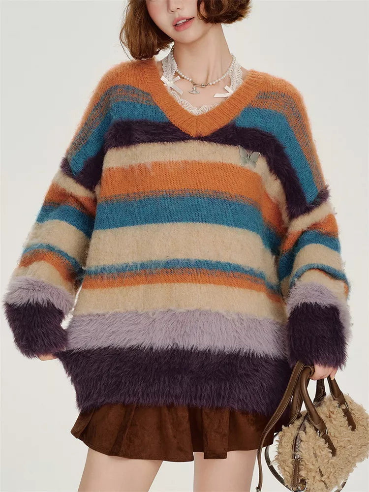 Women's Y2K Vintage Striped Mohair Knit Sweater Oversized V-Neck Fuzzy Pullover