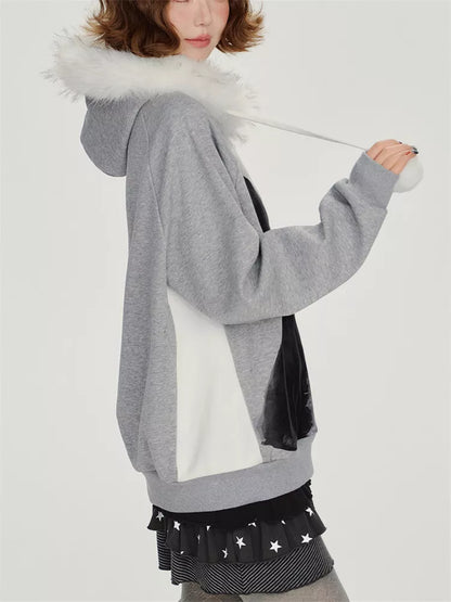 Women's Kawaii Grey Cat Hoodie Faux Fur Trim Pom-pom Drawstring Sweatshirt