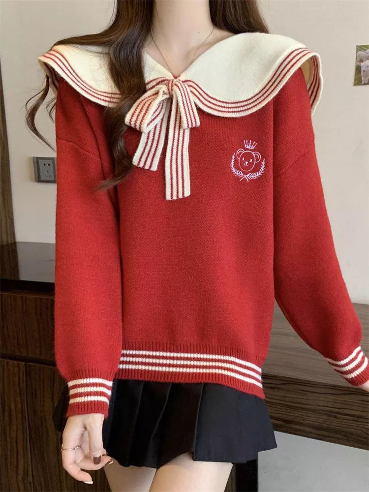 Women's Red Sailor Collar Knit Sweater Cute Preppy Style Pullover with Bow Tie & Bear Embroidery